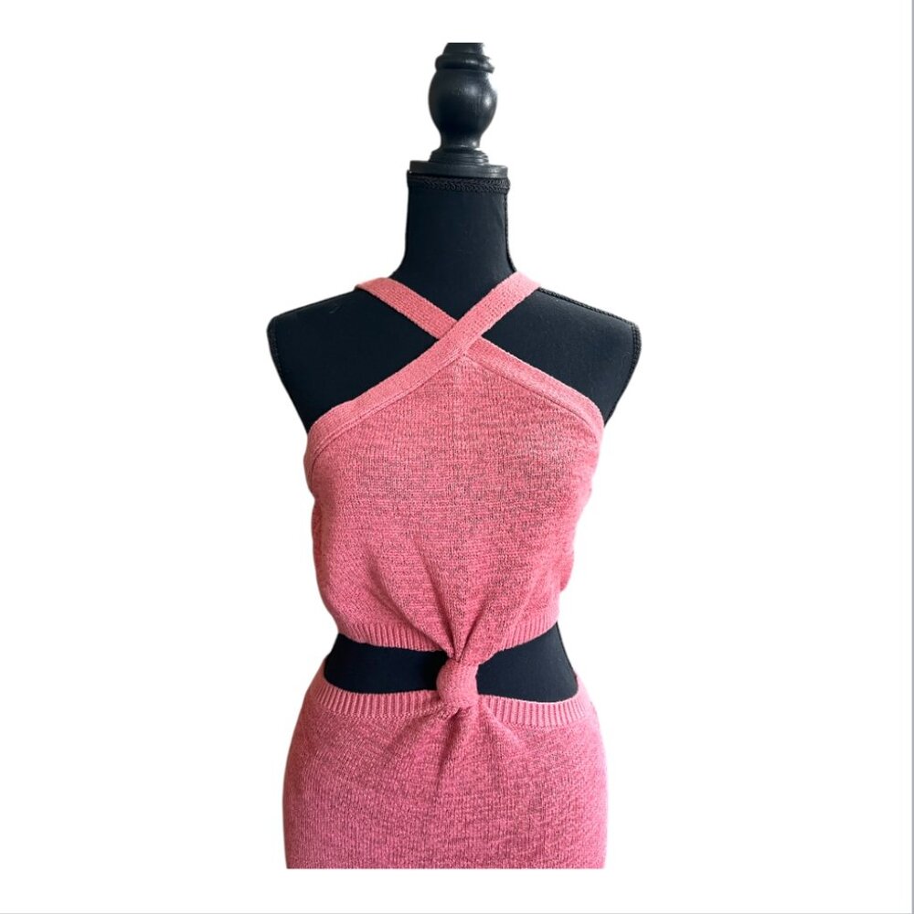 Express Women's Coral Blush Halter Knot Front Cutout Sweater Midi Dress - Picture 6 of 11